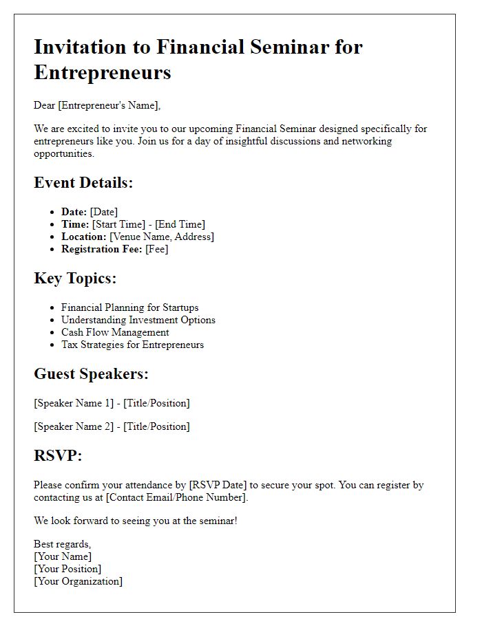 Letter template of financial seminar details for entrepreneurs.