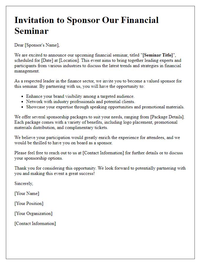 Letter template of financial seminar promotional outreach for sponsors.