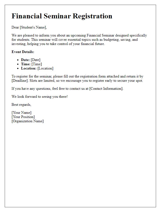 Letter template of financial seminar registration for students.