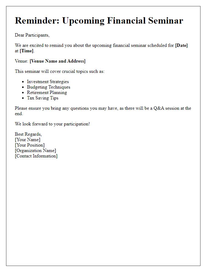 Letter template of financial seminar reminder for participants.