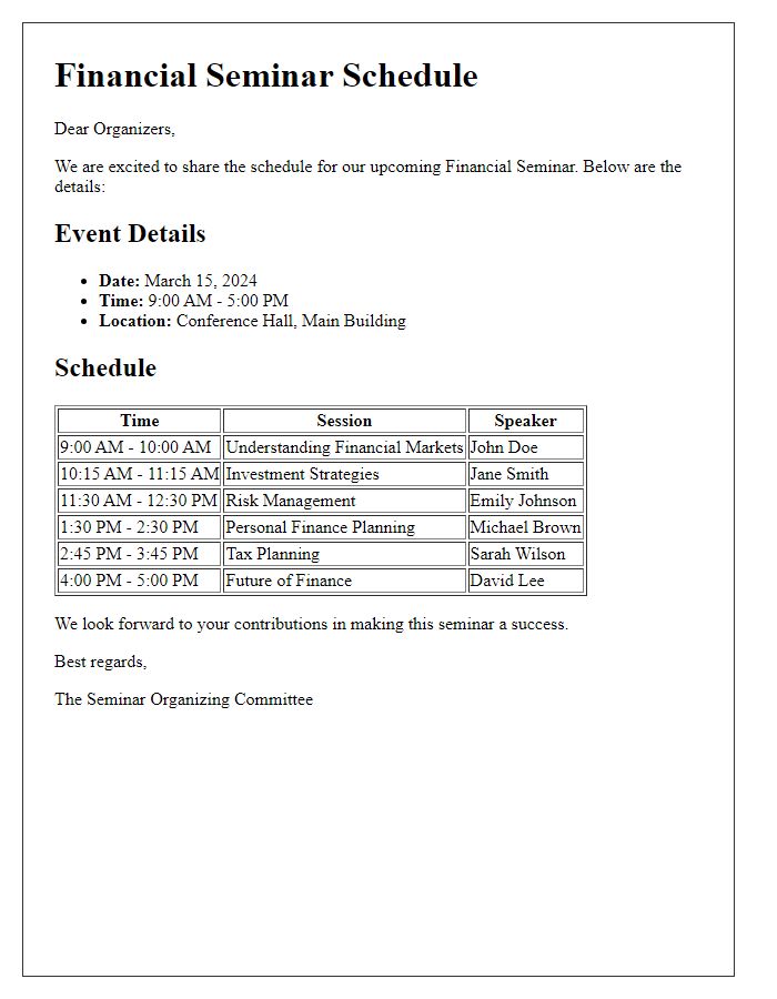 Letter template of financial seminar schedule for organizers.