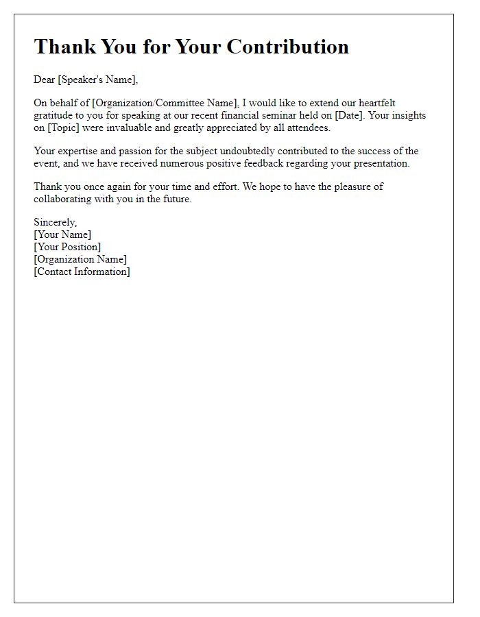 Letter template of financial seminar thank you for speakers.