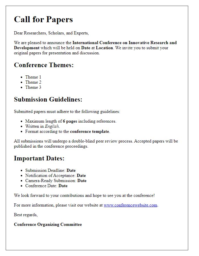 Letter template of call for papers for international conference