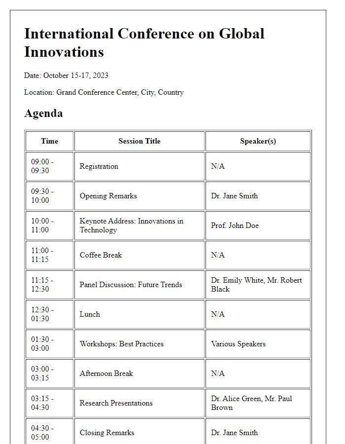 Letter template of program agenda for international conference