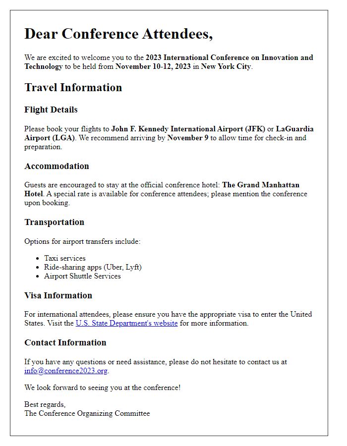 Letter template of travel information for international conference attendees