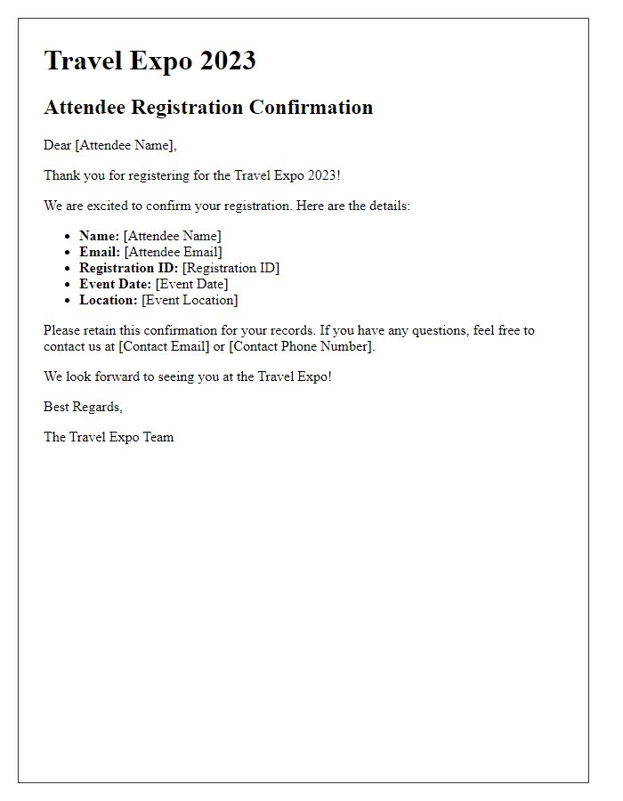 Letter template of travel expo attendee registration confirmation