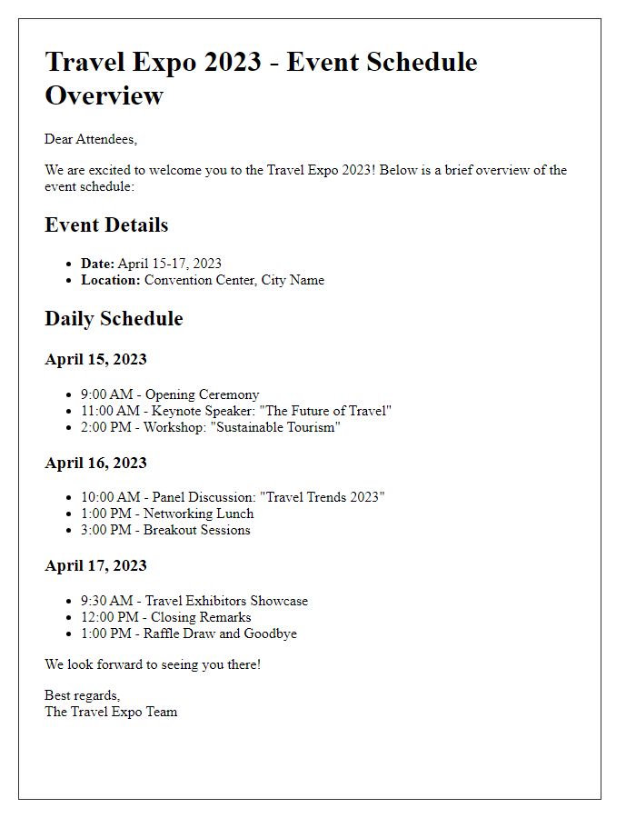 Letter template of travel expo event schedule overview