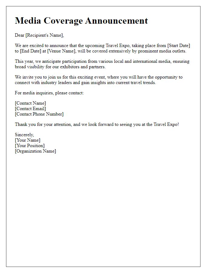 Letter template of travel expo media coverage announcement