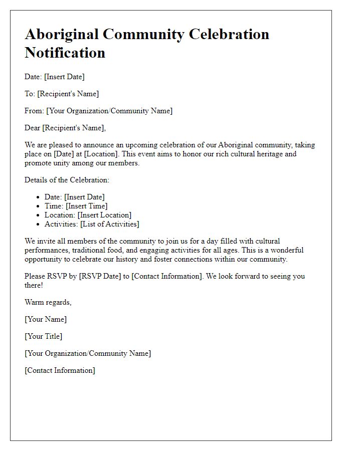 Letter template of Aboriginal Community Celebration Notification