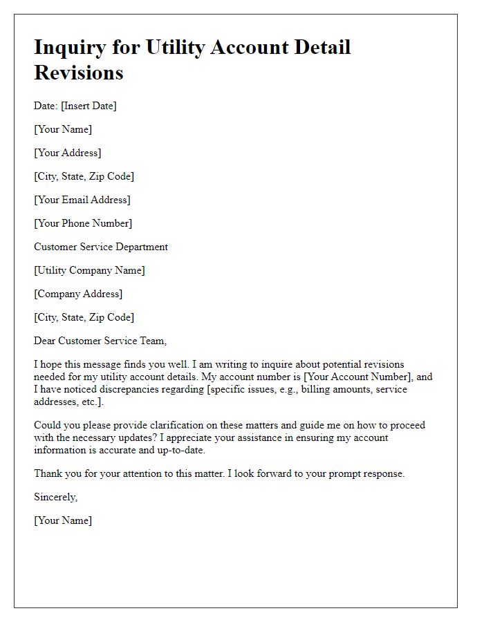 Letter template of inquiry for utility account detail revisions