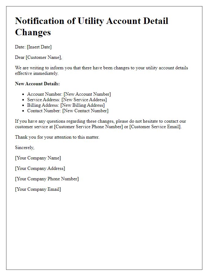 Letter template of notification for utility account detail changes