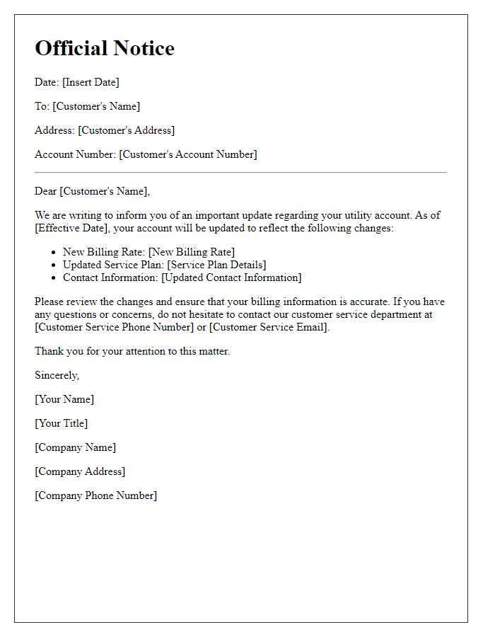 Letter template of official notice for utility account update