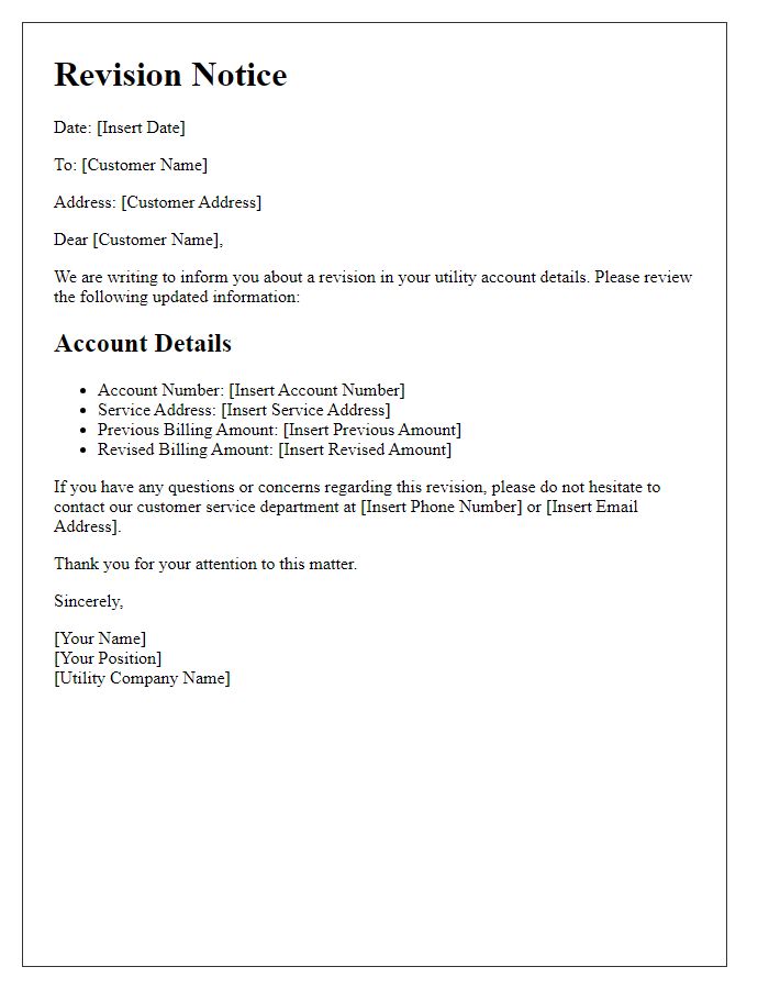 Letter template of revision notice for utility account details