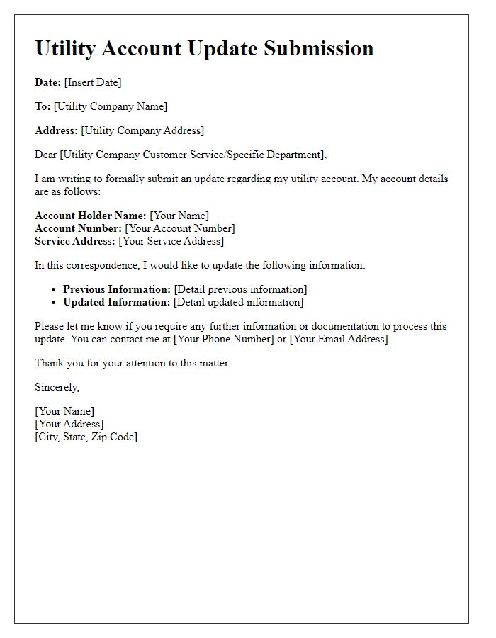 Letter template of update submission for utility account specifics