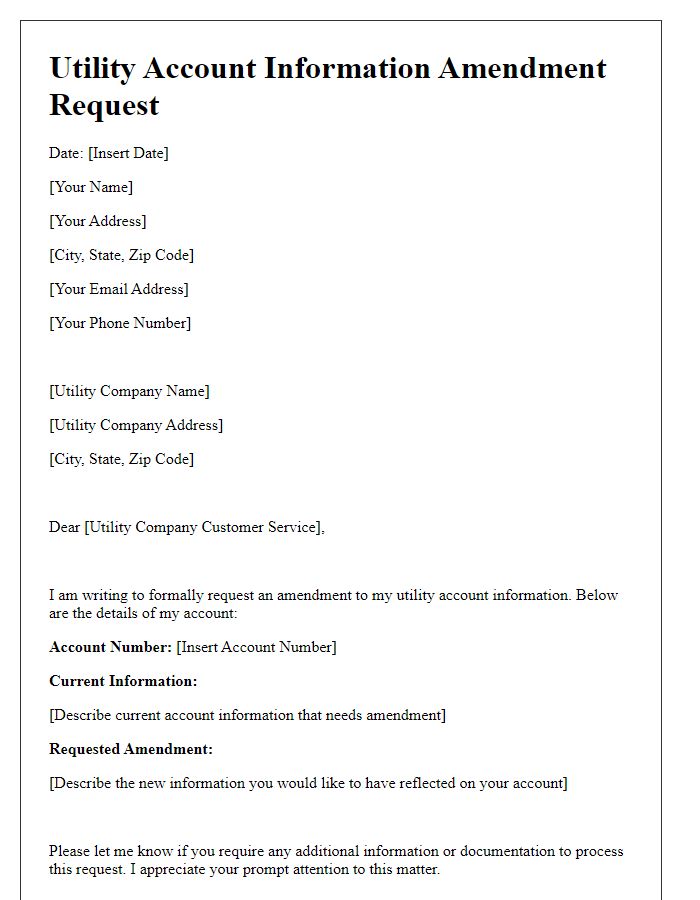 Letter template of utility account information amendment request