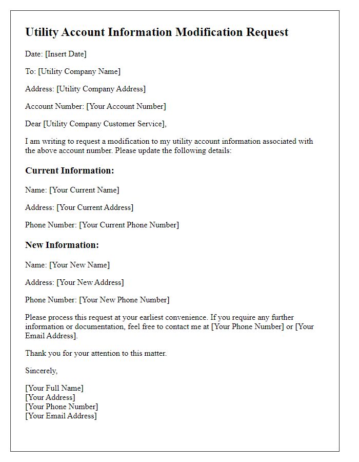 Letter template of utility account information modification