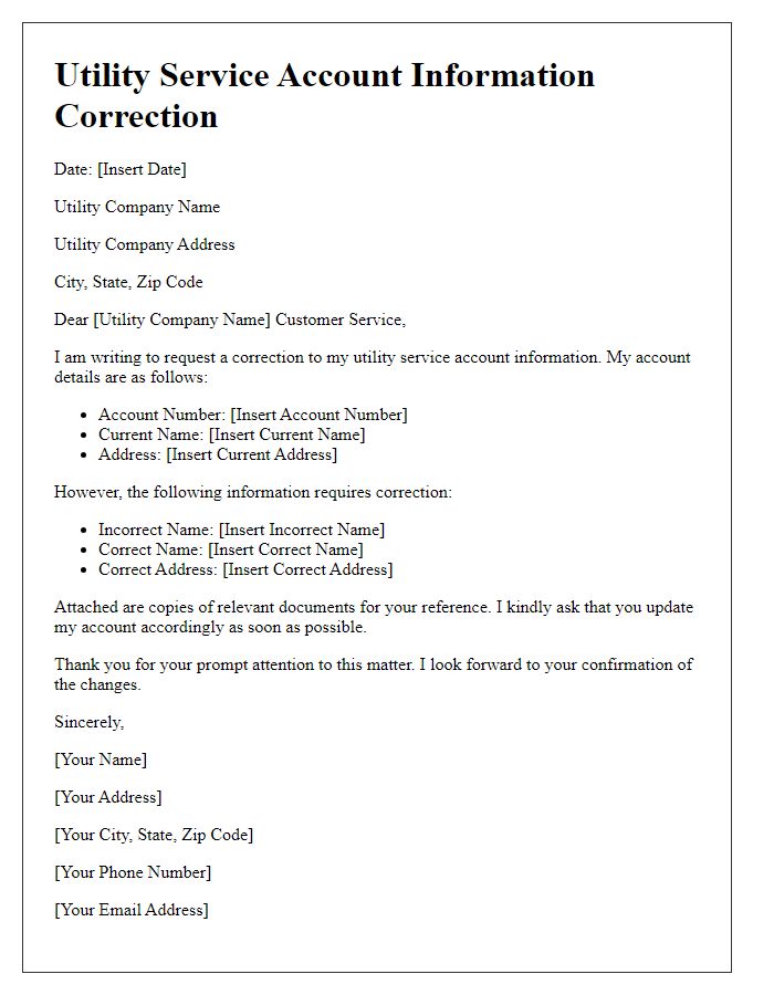 Letter template of utility service account information correction