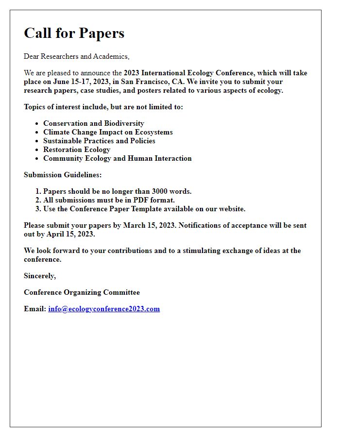 Letter template of call for papers for ecology conference