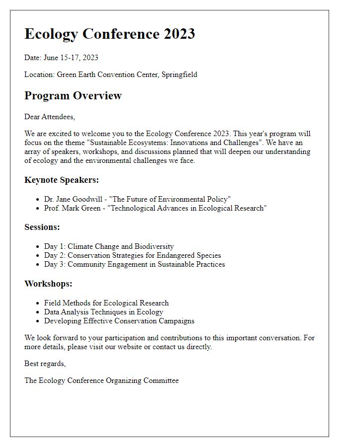 Letter template of conference program overview for ecology conference