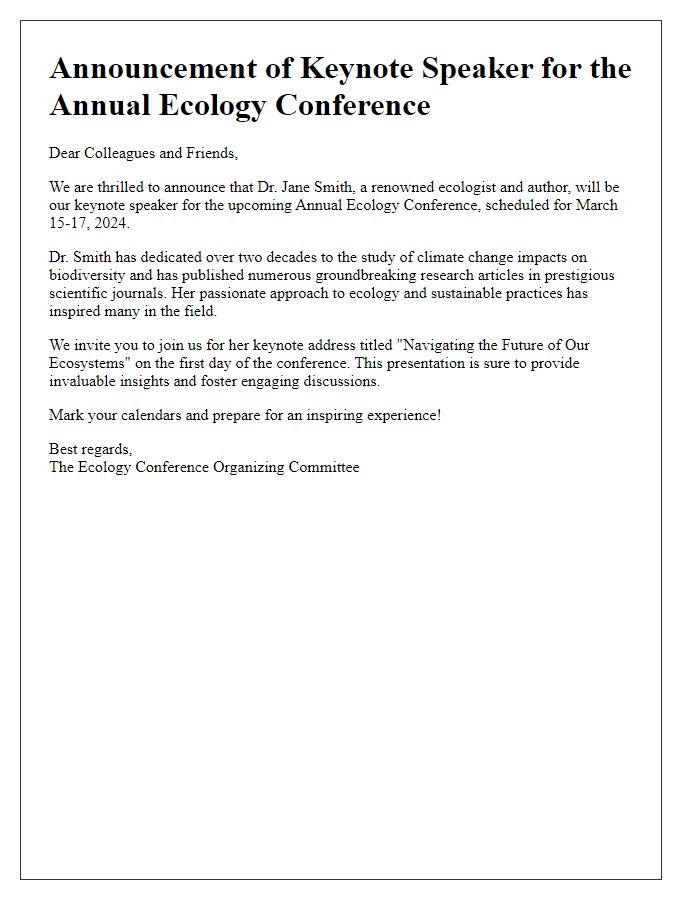 Letter template of keynote speaker announcement for ecology conference