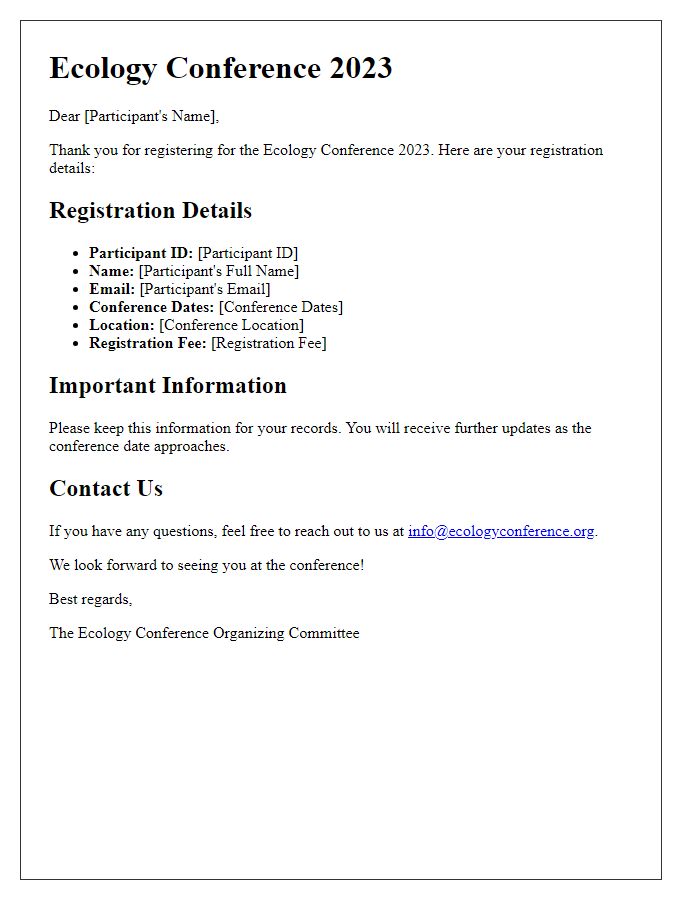 Letter template of registration details for ecology conference