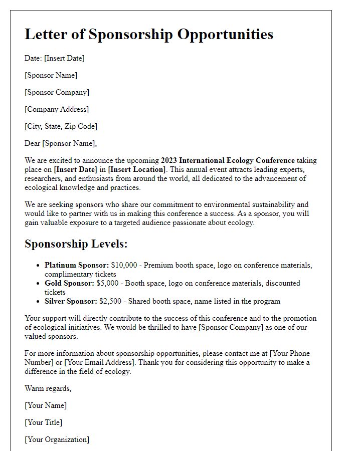 Letter template of sponsorship opportunities for ecology conference