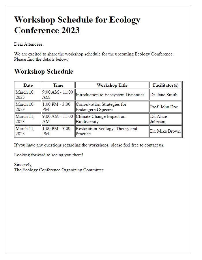 Letter template of workshop schedule for ecology conference