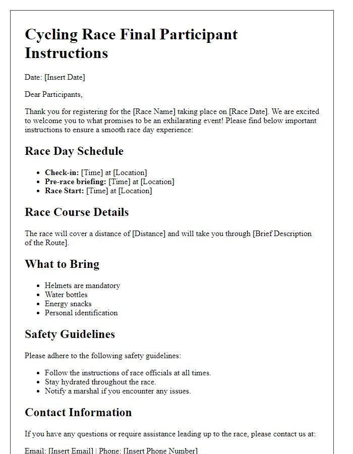 Letter template of cycling race final participant instructions