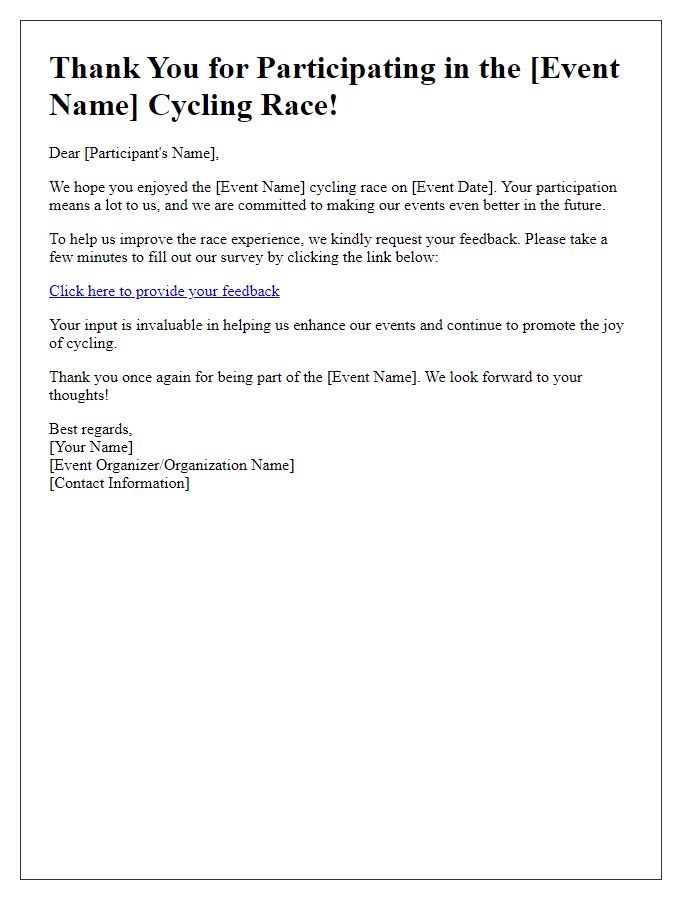 Letter template of cycling race post-event feedback request