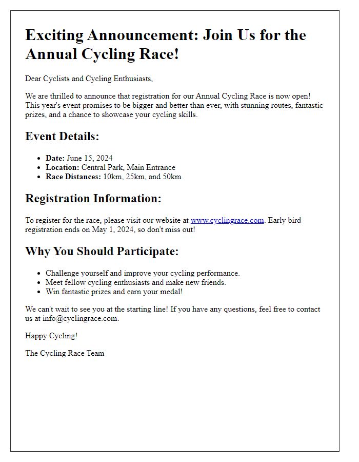 Letter template of cycling race registration announcement