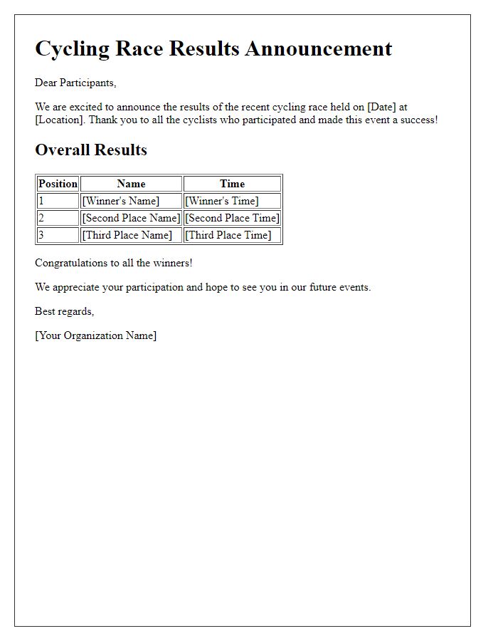 Letter template of cycling race results announcement