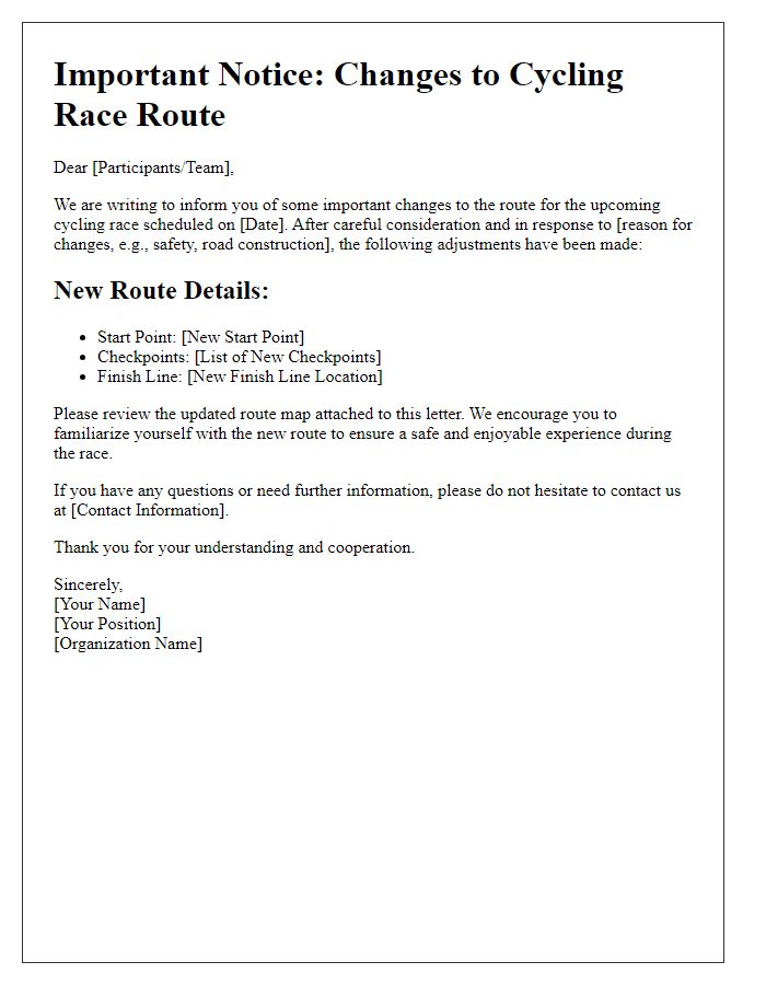 Letter template of cycling race route changes