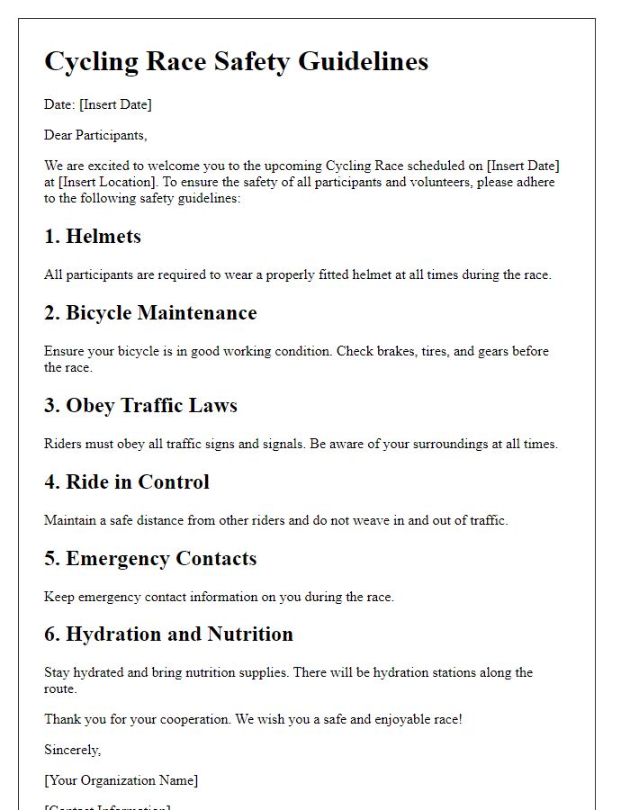 Letter template of cycling race safety guidelines