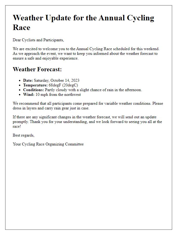 Letter template of cycling race weather updates