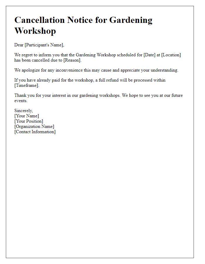 Letter template of gardening workshop cancellation notice