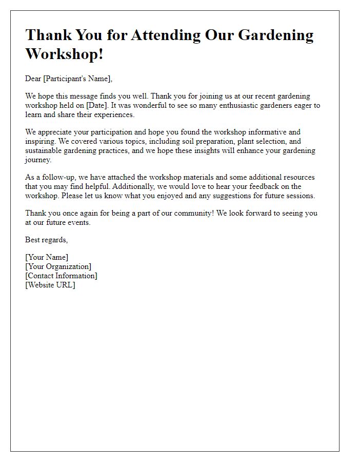 Letter template of gardening workshop follow-up