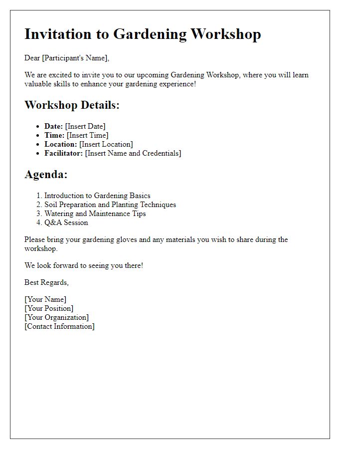 Letter template of gardening workshop program details