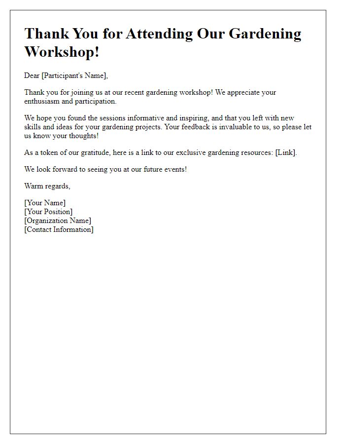 Letter template of gardening workshop thank-you note