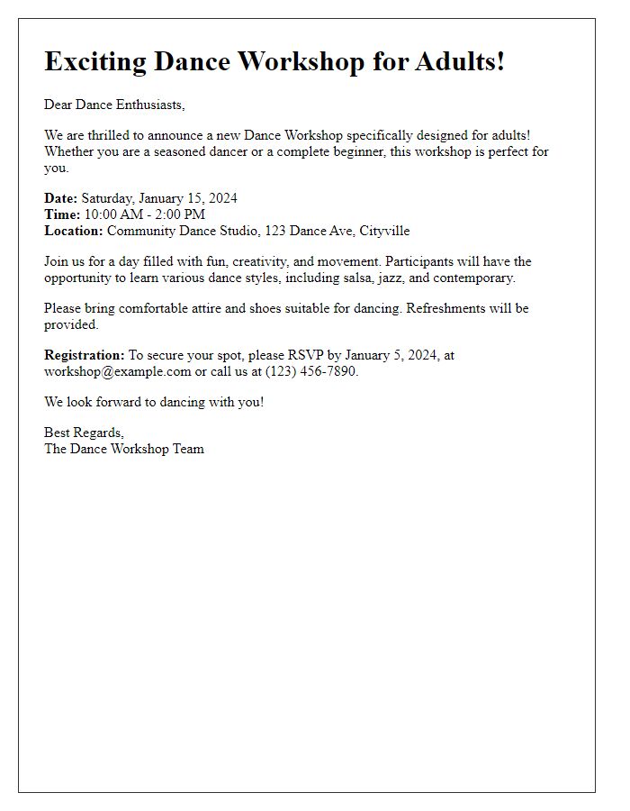 Letter template of Dance Workshop Announcement for Adults