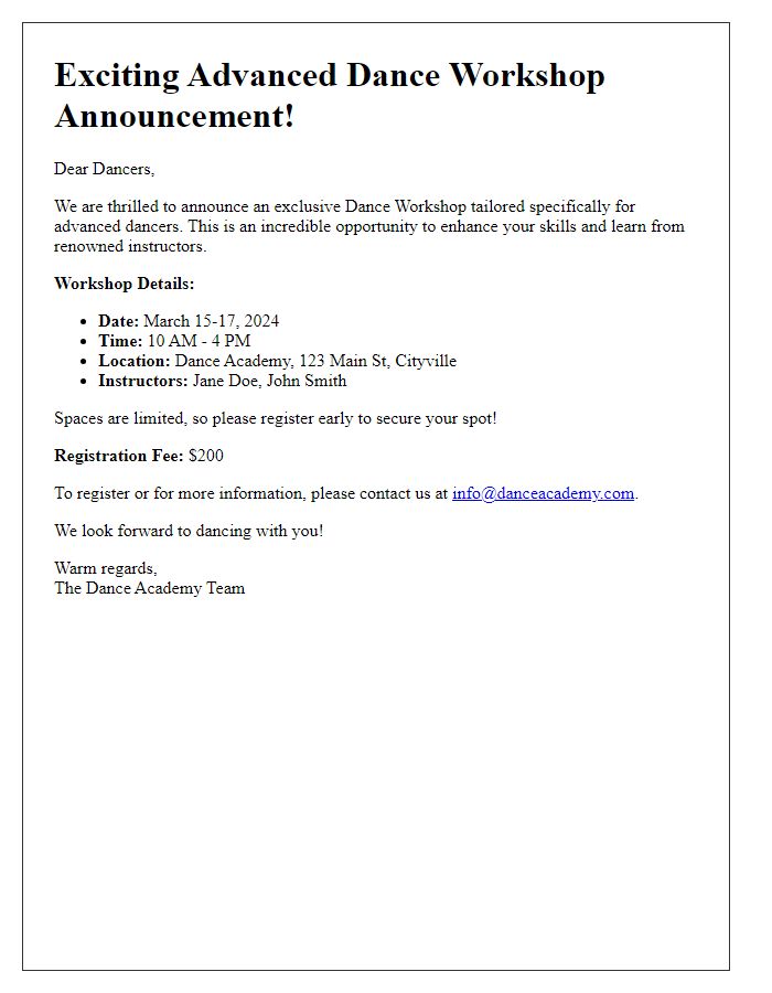 Letter template of Dance Workshop Announcement for Advanced Dancers