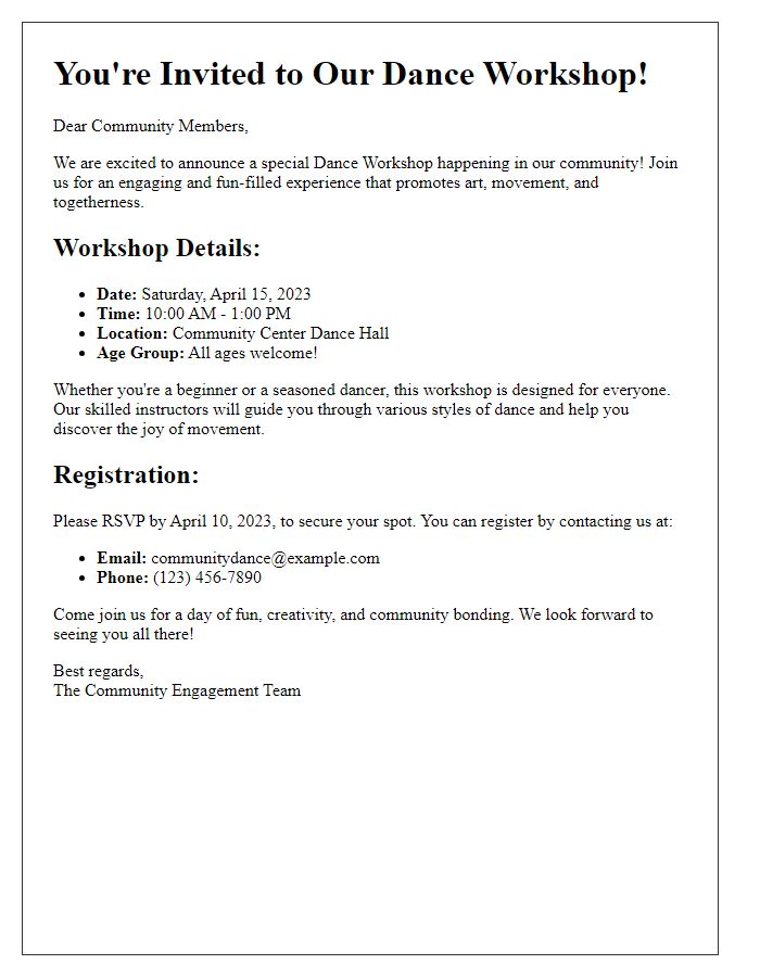 Letter template of Dance Workshop Announcement for Community Engagement