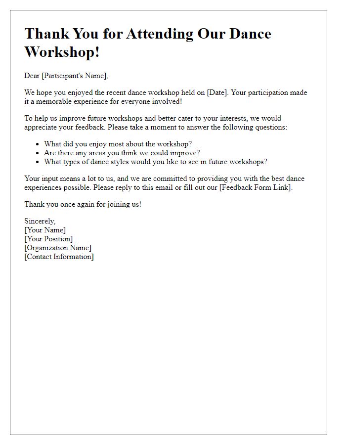 Letter template of Dance Workshop Follow-Up for Feedback