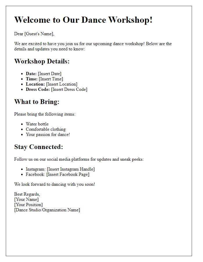 Letter template of Dance Workshop Update for New Guests