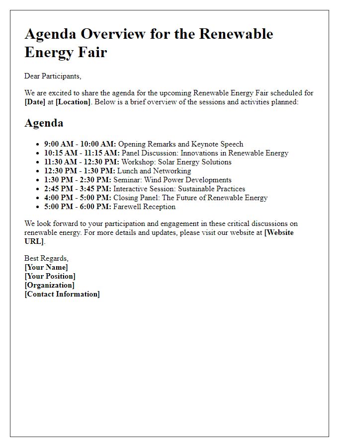 Letter template of agenda overview for renewable energy fair