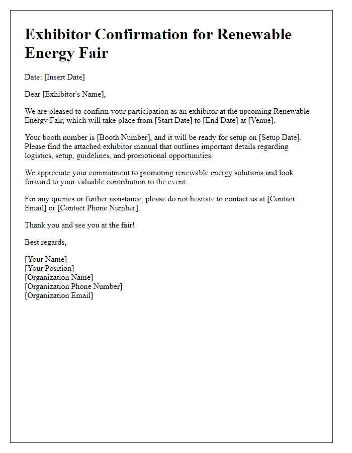 Letter template of exhibitor confirmation for renewable energy fair