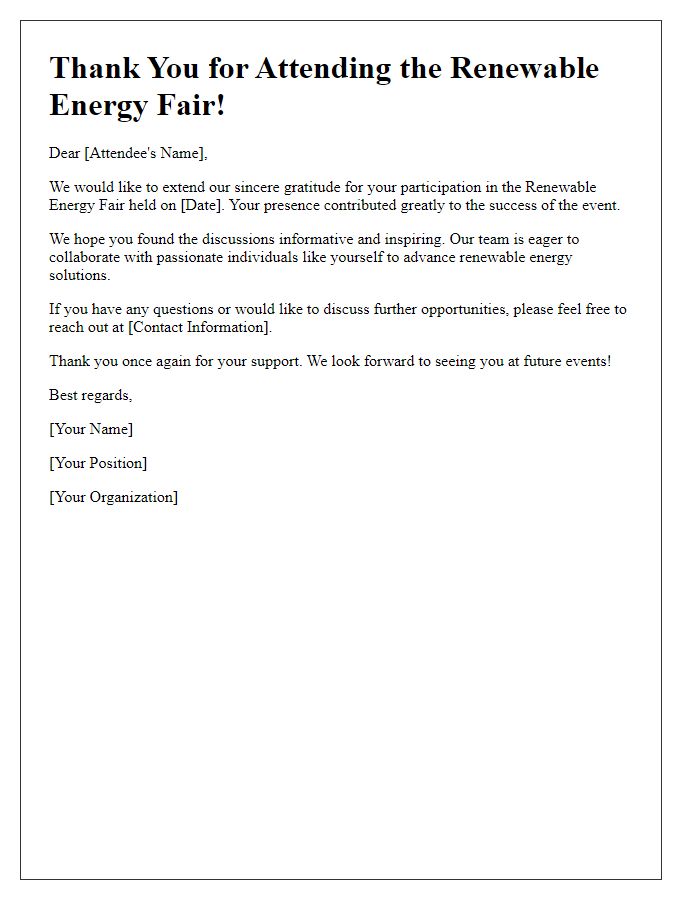 Letter template of follow-up thank you for renewable energy fair attendees