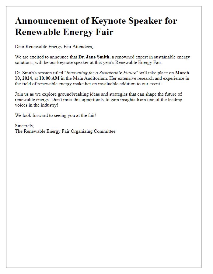 Letter template of keynote speaker announcement for renewable energy fair