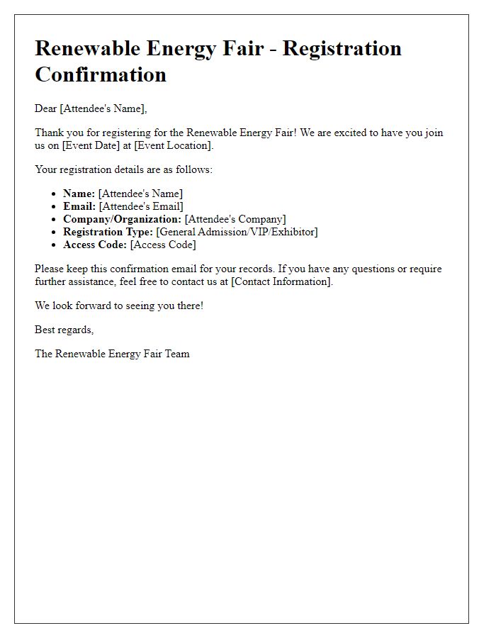 Letter template of registration confirmation for attendees of renewable energy fair