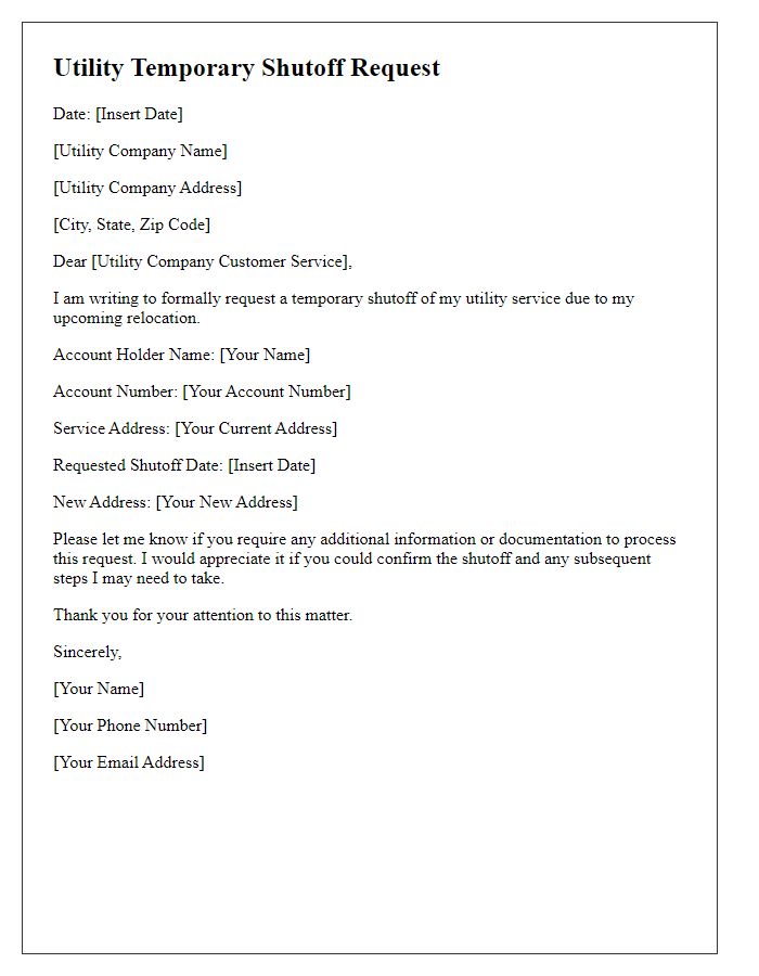 Letter template of utility temporary shutoff request due to relocation