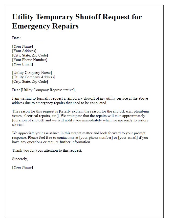 Letter template of utility temporary shutoff request for emergency repairs